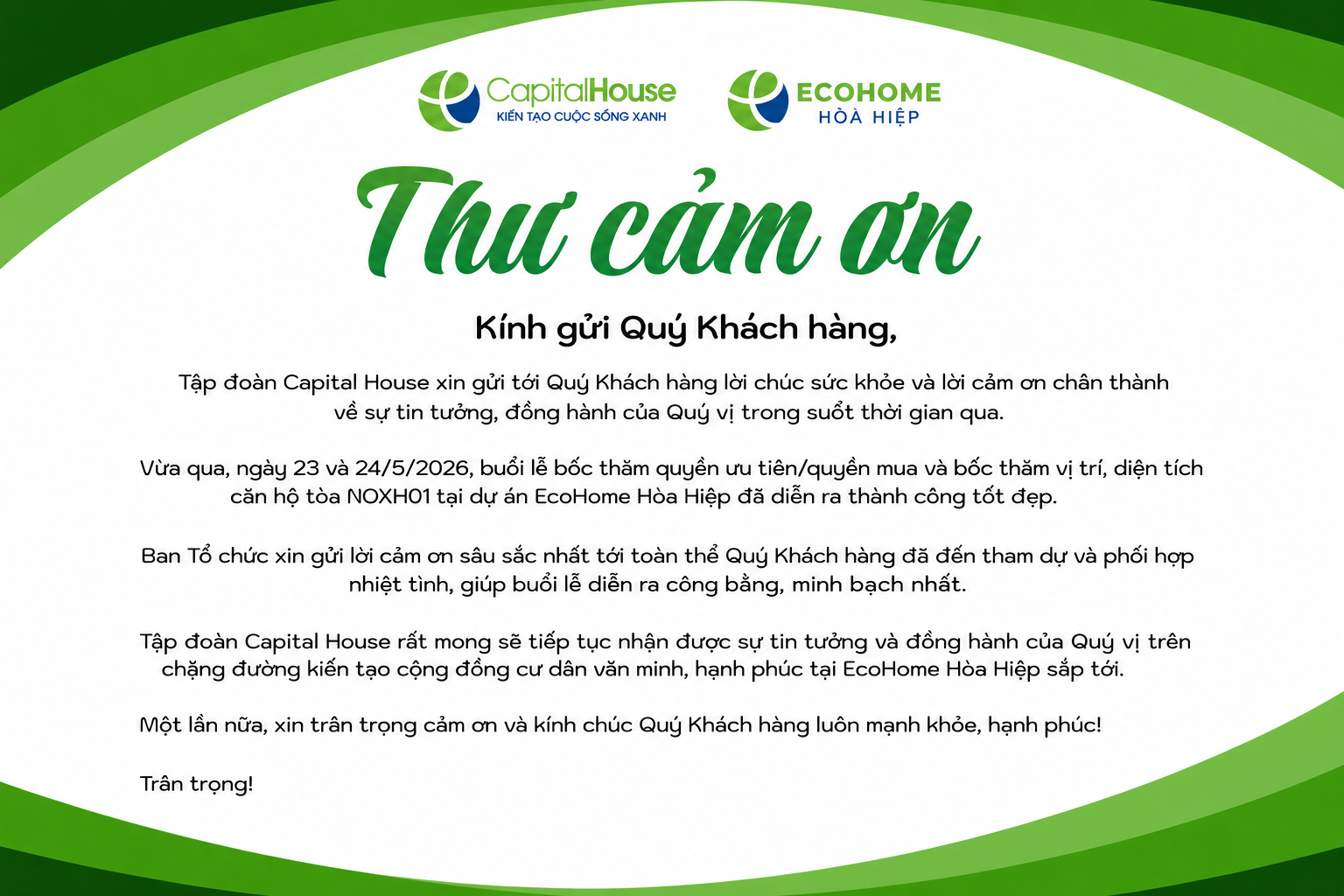 Thư cảm ơn Quý Khách hàng tham dự Lễ bốc thăm quyển ưu tiên, quyền mua ; Vị trí & diện tích căn hộ căn hộ Toà  NOXH01 dự án Ecohome Hòa Hiệp