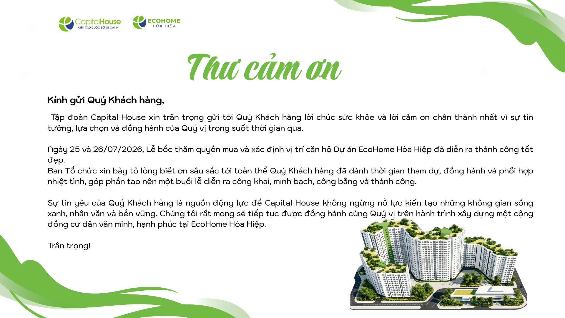 Thư cảm ơn Quý Khách hàng tham dự Lễ bốc thăm quyền ưu tiên, quyền mua ; Vị trí & diện tích căn hộ căn hộ Toà NOXH02 dự án Ecohome Hòa Hiệp
