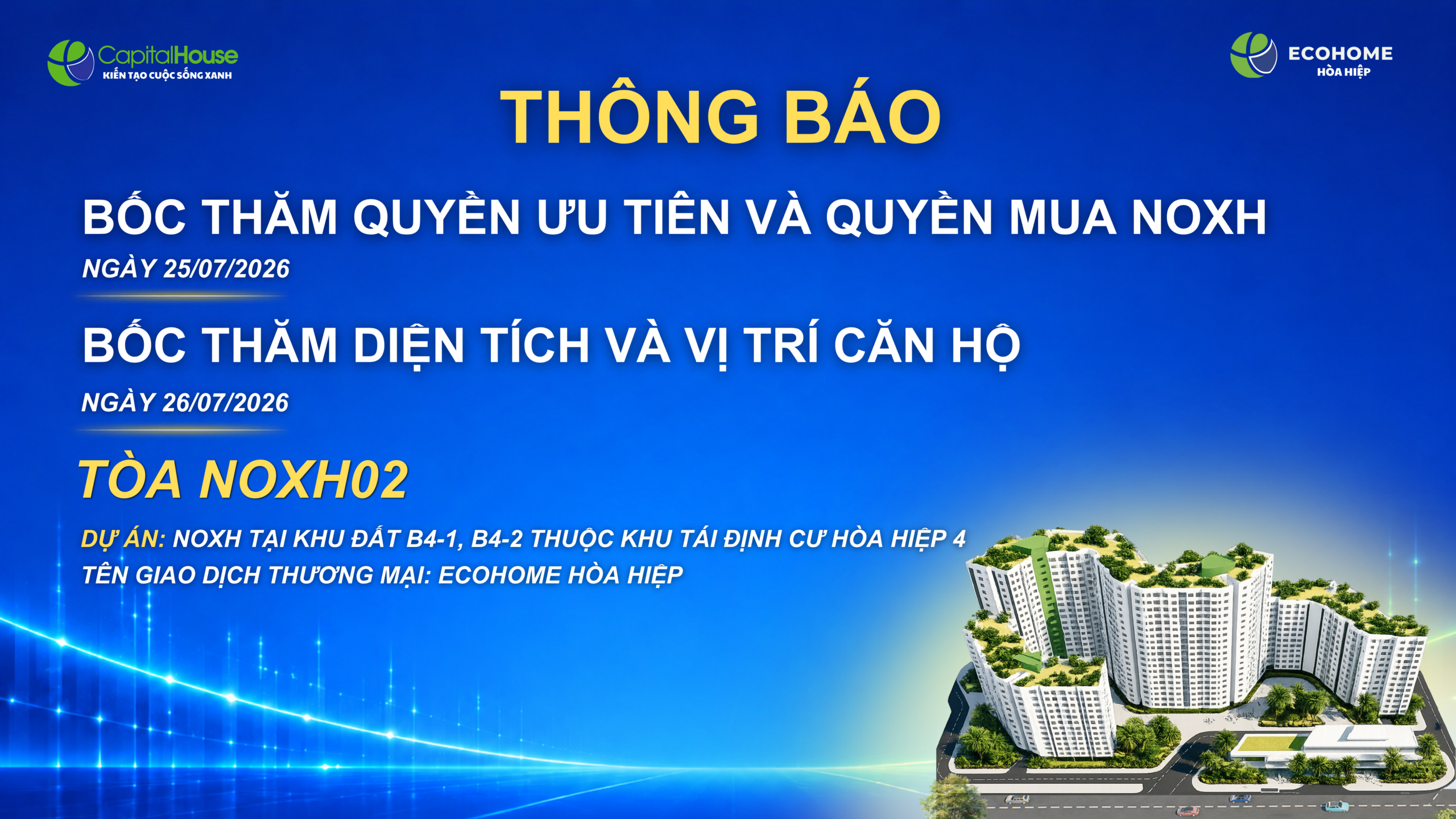 Thông báo tổ chức bốc thăm quyền ưu tiên/quyền mua và tổ chức bốc thăm vị trí, diện tích căn hộ Tòa NOXH02 tại dự án Nhà ở xã hội trên khu đất B4-1, B4-2 thuộc Khu tái định cư Hòa Hiệp 4, phường Hải Vân, phường Liên Chiểu, thành phố Đà Nẵng – Ecohome Hòa Hiệp